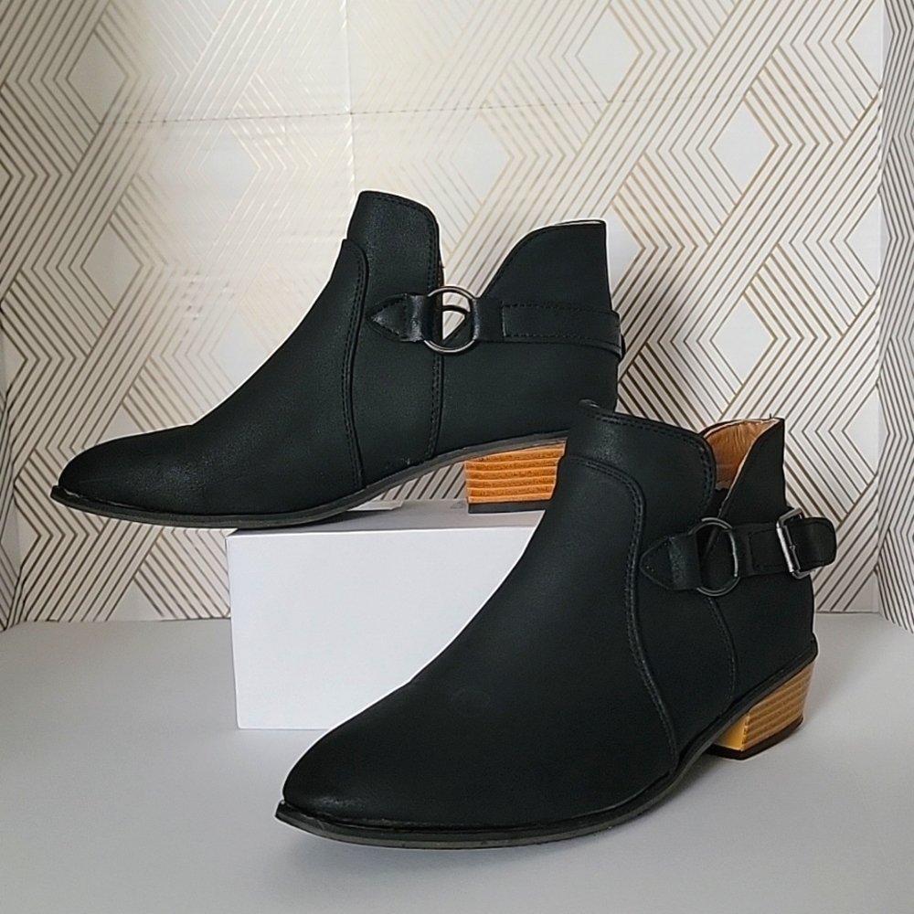 Black Ankle Booties with Buckle and Tan Heel